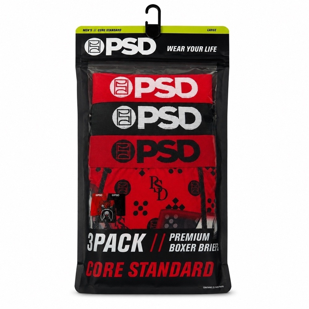 PSD Underwear Mens 3 Pack Core Standard Premium Boxer Briefs Red Black Shark L